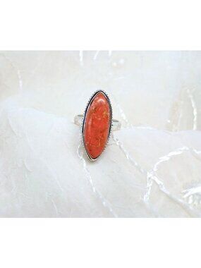Sterling Silver Ring With Natural Orange/Red Coral Gemstone Size 7 Boho Jewelry